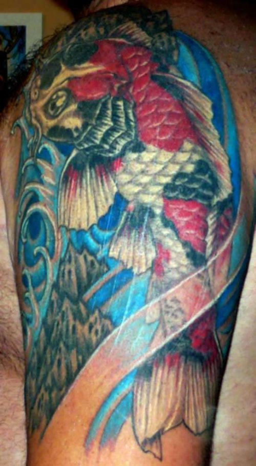 Awesome Color Ink Carp Fish Tattoo On Left Half SLeeve
